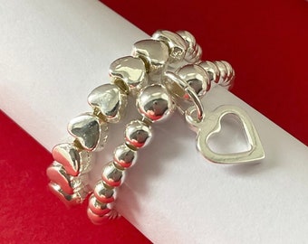 Open Heart Charm 925 Silver Heart & Ball Bead Stretch Stacking Thumb / Finger Ring Set of 2