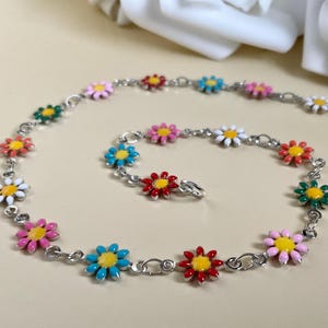 Bracelet de cheville marguerite en argent - Bracelet de cheville fleurs colorées