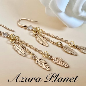 Gold Feather Charm Chain Earrings with Diamanté Earring Hooks