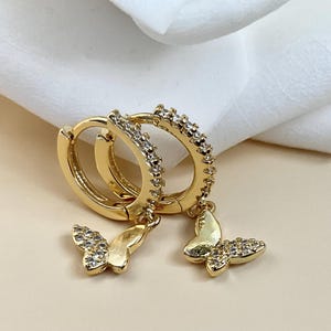 925 Silver or Gold Filled Cubic Zirconia Pave Butterfly Huggie Hoop Earrings