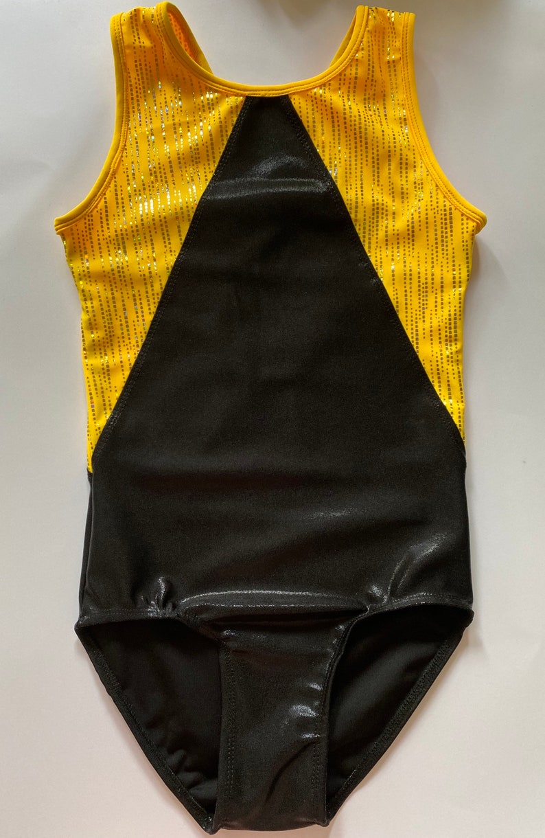 Silver sparkling yellow and black leotard with a beautiful crossover back Gymnastic dance wear