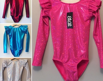 Gymnastic / dance leotard, Pink, green/blue, silver/white orange/red or purple sparkling long sleeve leotard with ruffles on the shoulders.