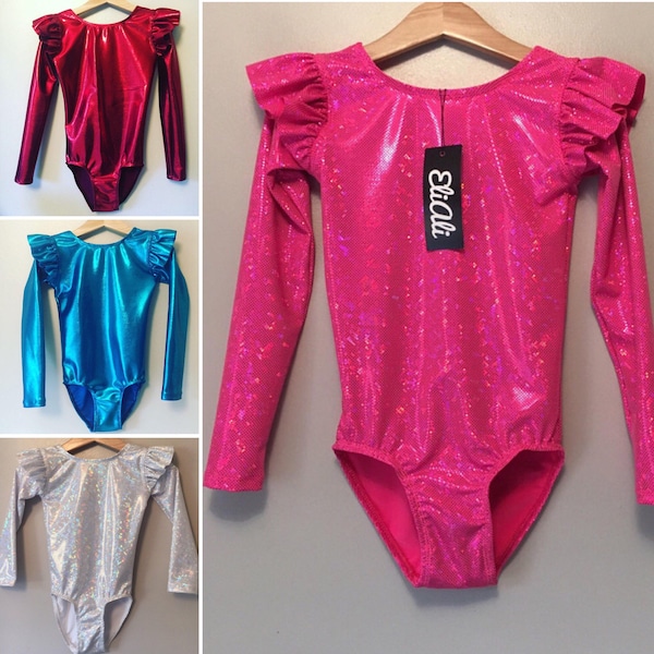 Gymnastic / dance leotard, Pink, green/blue, silver/white orange/red or purple sparkling long sleeve leotard with ruffles on the shoulders.