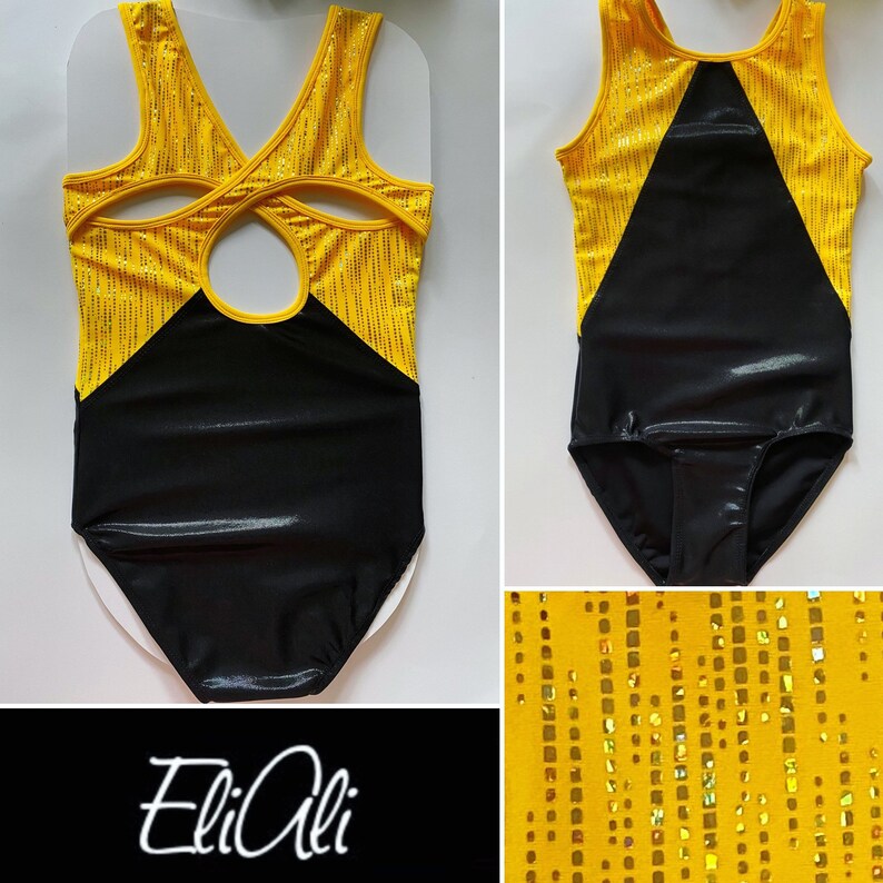 Silver sparkling yellow and black leotard with a beautiful crossover back Gymnastic dance wear