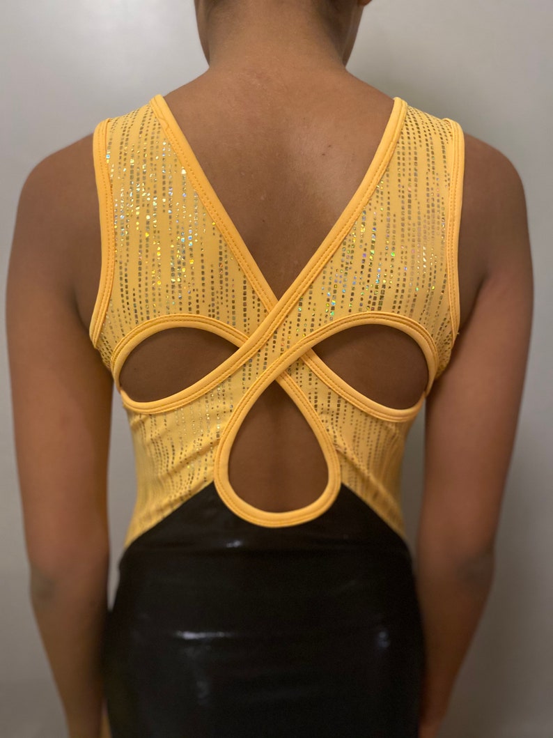 Silver sparkling yellow and black leotard with a beautiful crossover back Gymnastic dance wear
