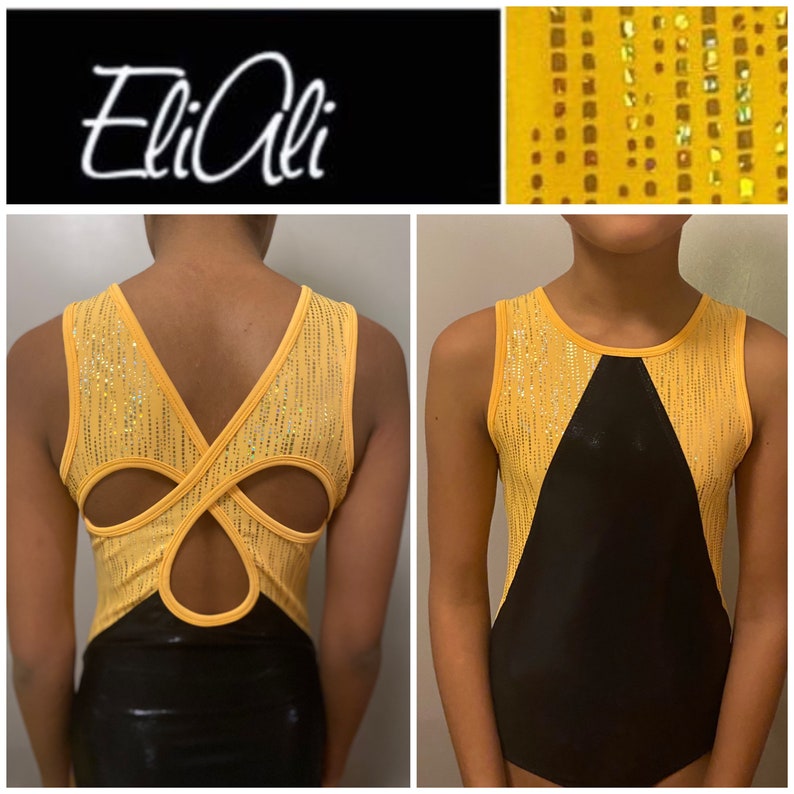 Silver sparkling yellow and black leotard with a beautiful crossover back Gymnastic dance wear