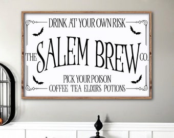 Salem Brew Co Sign, Halloween Coffee Bar Sign, Halloween Wood Decor, Farmhouse Halloween Decor, Halloween Mantel Decor, Fall Wood Sign