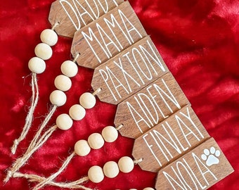 Christmas Stocking Tags, Farmhouse Stocking Tags, Wood stocking tags, Rustic Wood Stocking Tags with Beads, Personalized Wood Stocking Tags