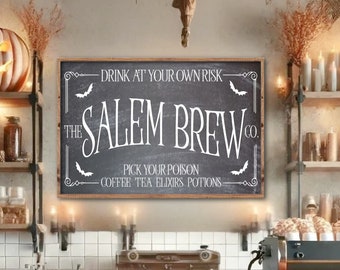 Salem Brew Co Sign, Halloween Coffee Bar Sign, Halloween Wood Decor, Farmhouse Halloween Decor, Halloween Mantel Decor, Fall Wood Sign
