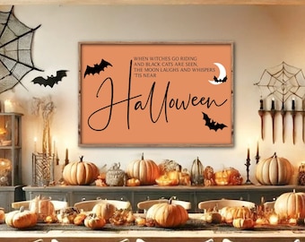 Letrero &quot;Cuando las brujas van a montar&quot;, letrero de bruja de Halloween, decoración de madera de Halloween, decoración de Halloween de granja, decoración de repisa de Halloween, letrero de madera de otoño