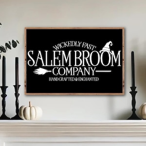 Salem Broom Company Wood Sign, Modern Farmhouse Halloween Wall Decor, Halloween Mantel Decor, Boho Halloween Entryway Decor, Witchy Decor