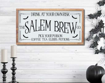 Salem Brew Co Sign, Halloween Coffee Bar Sign, Halloween Wood Decor, Farmhouse Halloween Decor, Halloween Mantel Decor, Fall Wood Sign