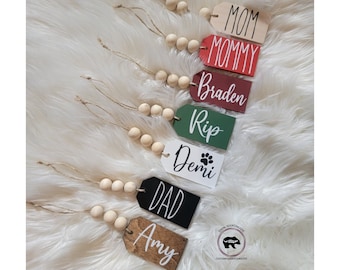 Farmhouse stocking tags, Wood stocking tags, rustic wood stocking tags with beads, Personalized wood stocking tags, Christmas stocking tag