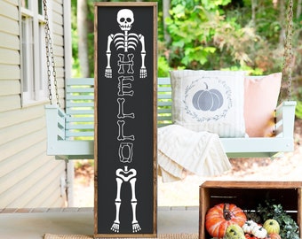 Hello Skeleton Porch Leaner, Welcome Spooky Halloween Porch Leaner Sign, Halloween Porch Front Door Decor, Farmhouse Halloween Entrway Decor