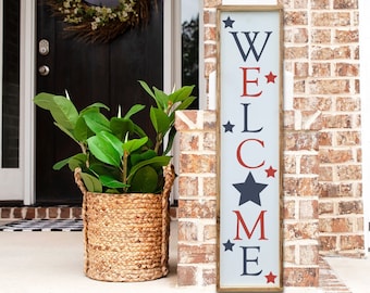 Welcome with Stars Welcome Porch Leaner, 4th of July Patriotic Porch Sign, Farmhouse Front Porch Decor, Entryway Decor, Summer Porch Decor