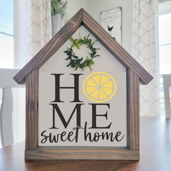 Home Sweet Home Lemon Sign, Farmhouse Lemon Wood Sign, Lemon Decor, Kitchen Lemon Decor, Summer Sign, House Shaped Sign, Shelf Sitter