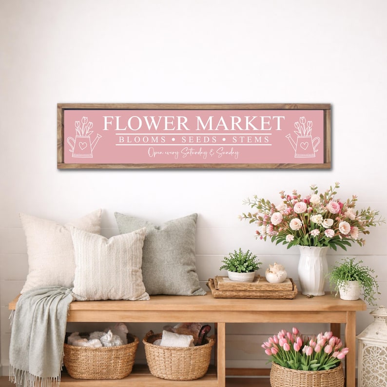 Flower Market Sign, Farmhouse Flower Market Spring Sign, Fresh Cut Flower Market Wood Sign, Entryway Spring Decor, Spring Wall Art Decor 画像 9