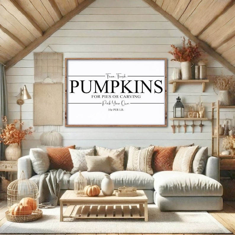 May include: A white sign with black text that reads 'From Fresh Pumpkins For Pies Or Carving Pick Your Own 10¢ Per LB.' The sign is hanging on a white wood wall with a rustic wood shelf above it. There is a couch with pillows in the foreground. The couch is white with orange and brown pillows. There is a coffee table in front of the couch with a basket of orange pumpkins on it.