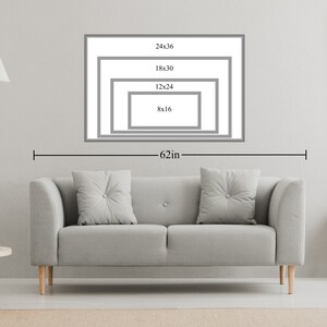 K&ouml;nnte beinhalten: Ein graues Sofa mit zwei quadratischen Kissen und Holzbeinen. &Uuml;ber dem Sofa sind vier gerahmte rechteckige Kunstdrucke mit den Gr&ouml;&szlig;en 20x41, 30x61, 46x76 und 61x91 cm ausgestellt. Die Gesamtbreite betr&auml;gt 157.5 cm.