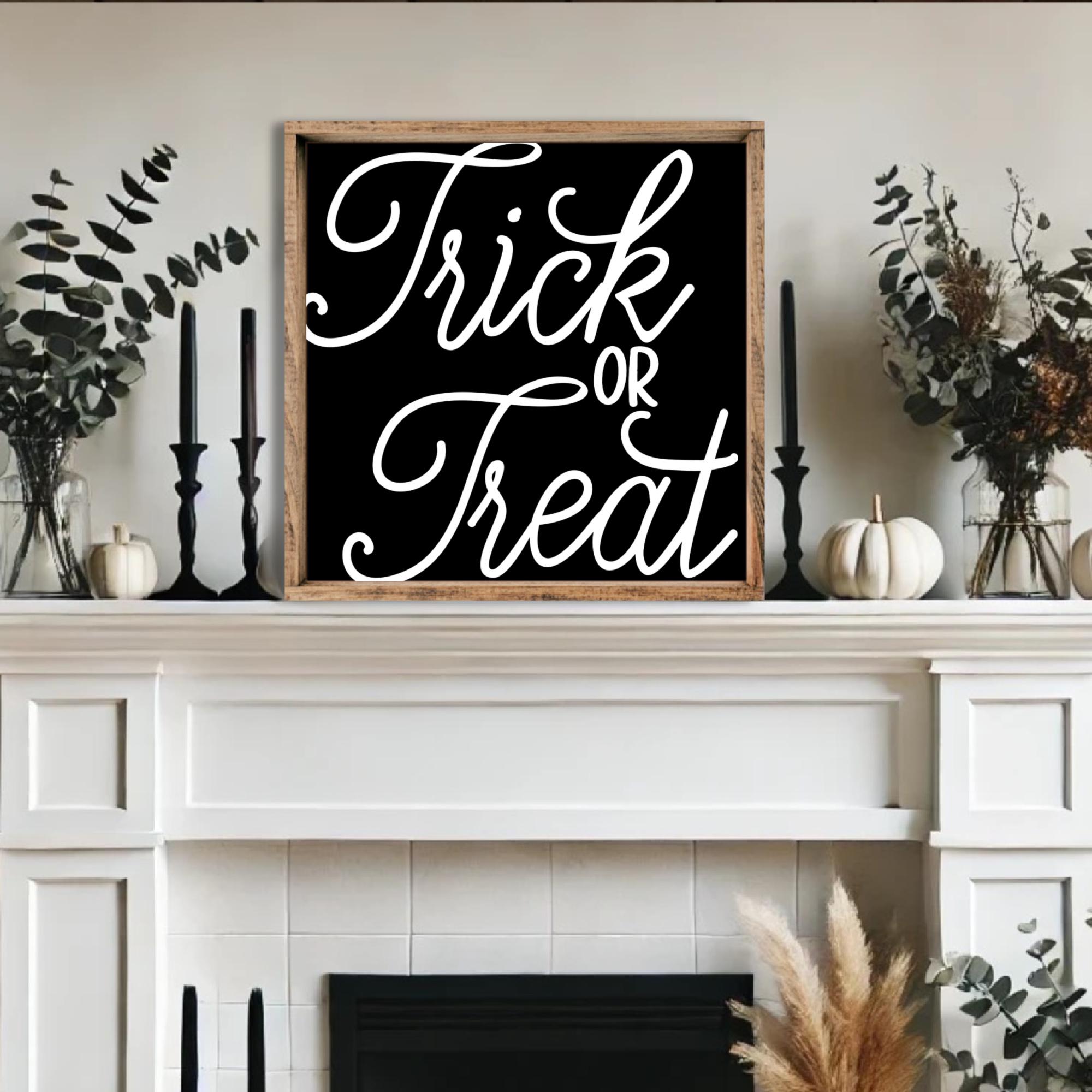 Letrero de madera de truco o trato, decoración moderna de Halloween de estilo rústico, decoración de pared de Halloween, decoración bohemia de entrada de Halloween, decoración de repisa de Halloween