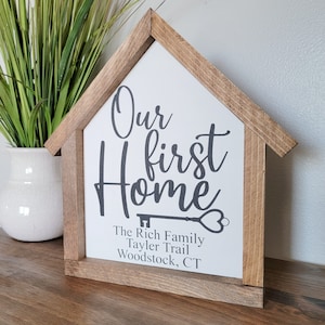 Our First Home sign, Housewarming, House shaped sign, Shelf Sitter, Home Sign, Entryway Decor, Farmhouse Sign, Living Room Sign, Mini Sign