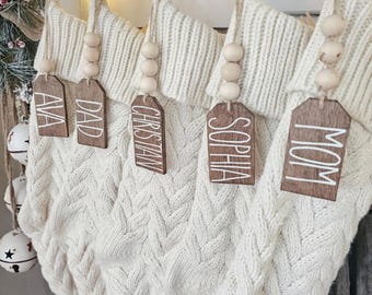 Christmas Stocking Tags, Farmhouse Stocking Tags, Wood stocking tags, Rustic Wood Stocking Tags with Beads, Personalized Wood Stocking Tags
