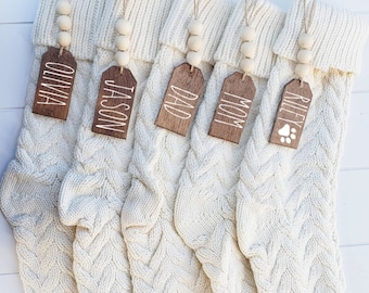 Christmas Stocking Name Tags, Modern Farmhouse Beaded Stocking Tags, Wood stocking tags, Stocking Tags with Beads, Personalized Stocking Tag