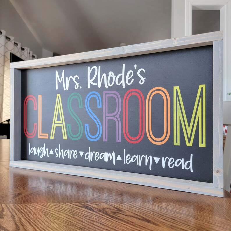 K&ouml;nnte beinhalten: Gerahmtes Tafelschild mit dem Text "Mrs. Rhode's CLASSROOM" in bunten Buchstaben. Unter dem Wort "CLASSROOM" stehen die W&ouml;rter "laugh, share, dream, learn, read". Der Rahmen ist hellgrau.