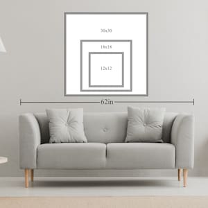 May include: A diagram showing different sizes of framed artwork, with measurements in inches. The largest frame is 30x30 inches, the middle frame is 18x18 inches, and the smallest frame is 12x12 inches. The total width of the artwork is 62 inches.