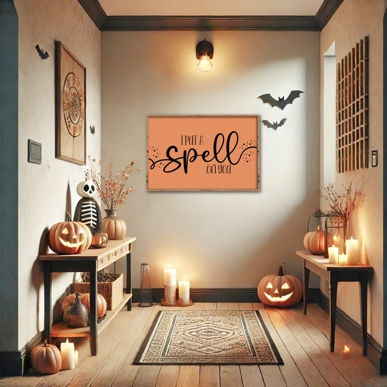K&ouml;nnte beinhalten: Ein Holzschild mit einem pfirsichfarbenen Hintergrund und schwarzem Text, der "I put a spell on you" lautet. Das Schild h&auml;ngt an einer Wand mit einem pfirsichfarbenen Hintergrund. Im Vordergrund stehen K&uuml;rbisse und Kerzen auf einem Tisch.