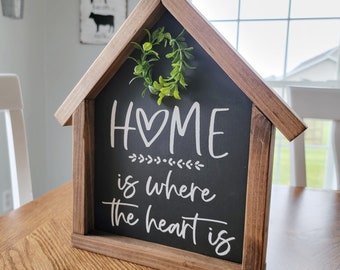 Home is where the Heart is sign, House shaped sign, Shelf Sitter, Home SIgn, Entryway Decor, Farmhouse Sign, Living Room SIgn, Mini Sign