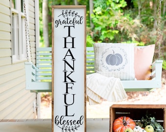 Grateful Thankful Blessed Fall Welcome Sign, Thanksgiving Wood Porch Leaner Sign, Farmhouse Fall Porch Decor, Fall Entryway Decor