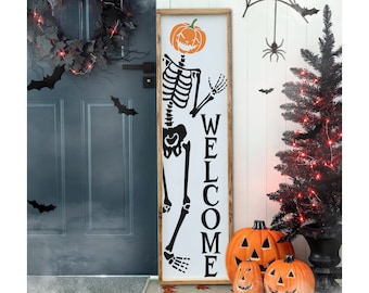 Welcome Skeleton Halloween Porch Leaner Sign, Halloween Front Door Decor, Halloween Porch Decor, Farmhouse Halloween Decor, Fall Porch Sign