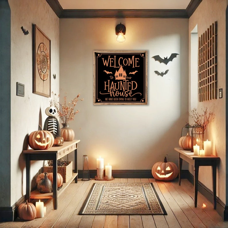 May include: A wooden sign with a black background and white lettering that reads "Welcome to your Haunted House. We have been dying to meet you." The sign is decorated with a silhouette of a house and bats.