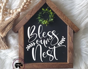 Bless our Nest Sign, House shaped sign, Shelf Sitter, Home Sign, Entryway Decor, Farmhouse Sign, Living Room SIgn, Mini Sign