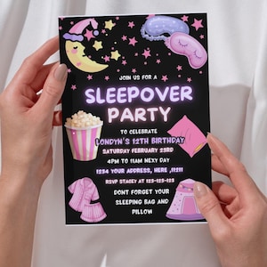 Bewerkbare sleepover partij minimalistische verjaardagsuitnodiging slaapverjaardag uitnodiging roze meisje PJ tiener digitale download