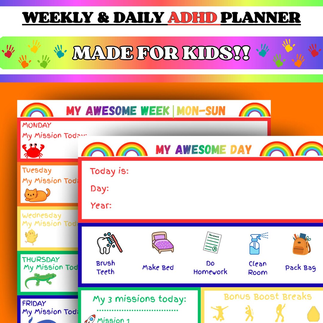 KIDS ADHD Daily & Weekly Planner | Coloring Pages | Daily Routine for ...