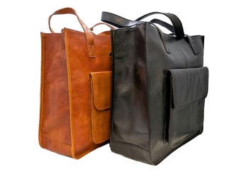 Vintage Ca 1980s Danish - Full Grain Leather - Tote Bag for