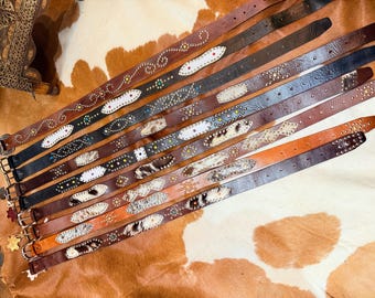 Handmade studded rivet unisex western cowboy style  leather belt