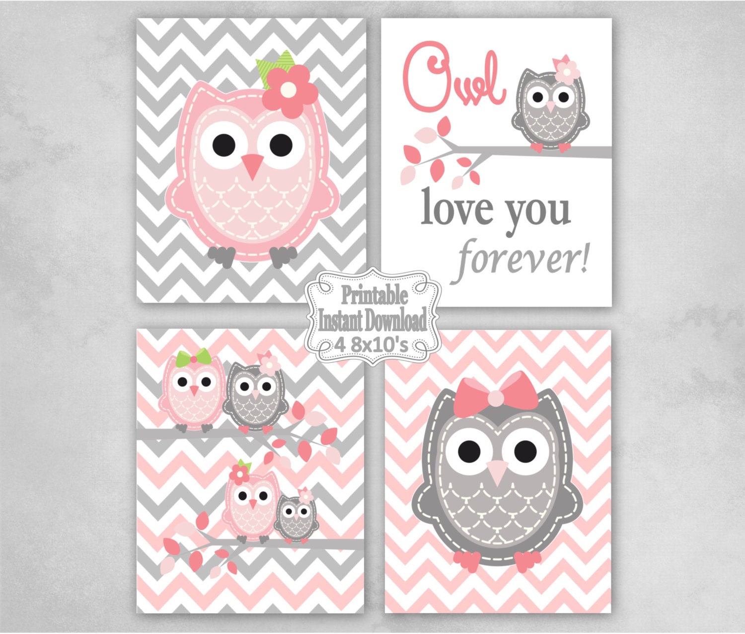 Printable Owls Baby Nursery Wall Art Decor in Pink Andgrey Owls Baby ...
