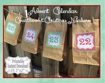 Printable Advent Calendar Numbers Countdown to Christmas Stickers or Tags Red Green ~ DIY Instant Download ~ 25 2" x 2" Squares