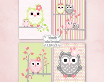 Printable Owls Baby Nursery Wall Art Decor in Pink Green Grey Owls  Baby Child Kids ~ DIY Instant Download ~ 4 8x10 Prints