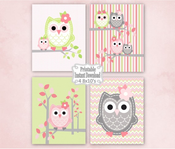 Printable Owls Baby Nursery Wall Art Decor in Pink Green Grey | Etsy