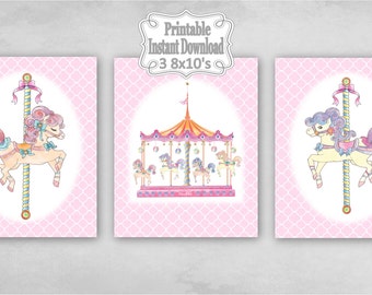 Printable Carousel Horses Merry Go Round Baby Nursery Wall Art Decor Pink Clover Child Kids ~ DIY Instant Download ~ 3 8x10 Prints