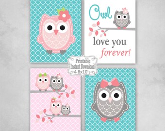 Printable Owls Baby Nursery Wall Art Decor in Pink Turquoise Grey Owls Baby Girl Infant Child Kids ~ DIY Instant Download ~ 4 8x10 Prints