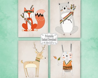 Printable Tribal Woodland Animals Nursery Wall Art Decor with Bear Fox Deer Rabbit Baby Child Kids ~ DIY Instant Download ~ 4 8x10 Prints