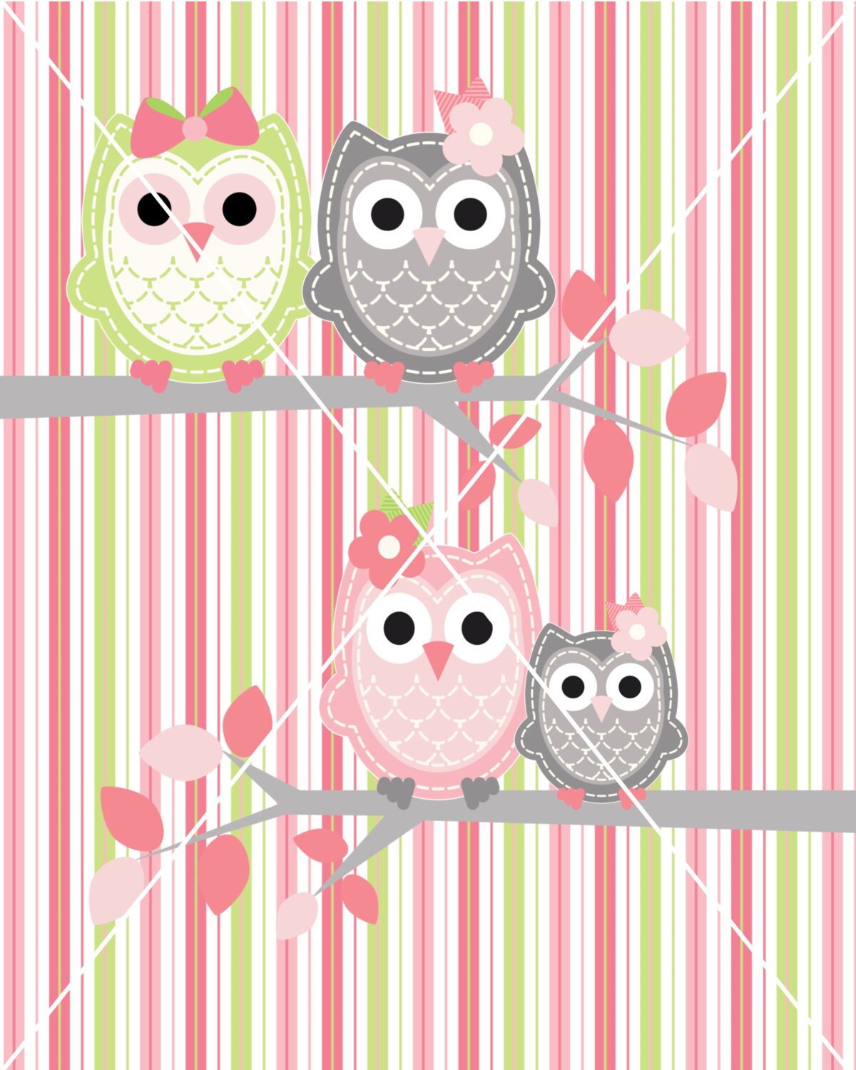 Printable Owls Baby Nursery Wall Art Decor in Pink Green Grey - Etsy