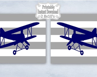 Printable Antique Vintage Planes Airplanes Bi-planes Navy Grey Nursery Wall Art Decor Baby Child Kids ~ DIY Instant Download ~ 2 8x10 Prints