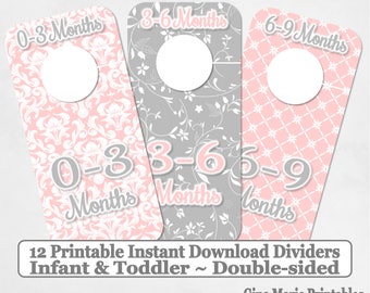 Printable Baby Closet Dividers Light PInk Grey Shabby Damask Girl 12 Sizes NB-6 Double-Sided - DIY Instant Download - Nursery