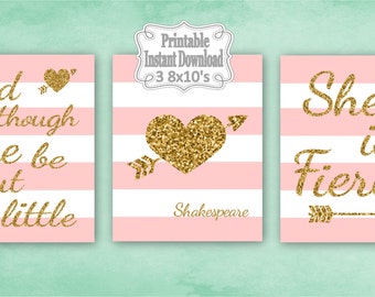 Printable Pink Gold Tribal Hearts Baby Nursery Wall Art Decor Though She Be But Little Girl Kids ~ DIY Instant Download ~ 3 8x10 Prints